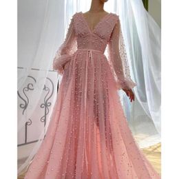 Party Dresses Pink Prom Dress V Neck Pockets Illusion Sheer Long Sleeves Sexy Gown A Line Sash Bow Pearls Beading Pleat Modern GownParty