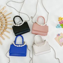 Children candy colors mini purse kids solid pearl chain small square bag cute baby girls one shoulder crossbody bags F1187