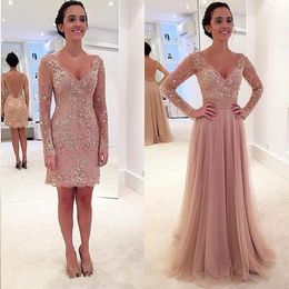 2022 Vintage Hot Mother off bride dresses Plus Size V Neck Long Sleeves Open Back Lace Appliques Beaded Detachable Skirt Wedding Guest Gowns