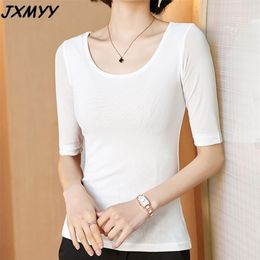 Spring Product Pure Color Net Yarn Bottom Round Neck T-Shirt Top Five-point Sleeve Middle Sleeve T-shirt JXMYY 3XL 210412