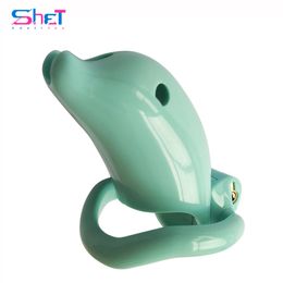 SHET Plastic Male Chastity Devices Cock Cage For Men Breathable Penis Ring With 4size Ring Cock Lock Dolphin Shape Sex Products 220606