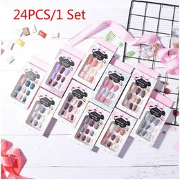 Nail Art Kits 24PCS/SET Almond Fake Nails Solid ColorJump Colour Diy 10 Style Medium Length Tip Accessory With Glue KitNail