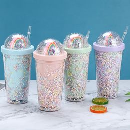 Hot selling! 4 Colours 16oz Ins Double Layer Plastic Rainbow Tumblers With Straw And Bubble doll Cute Working and Sport Campus