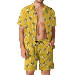 Men's Tracksuits Bees Honeybees Men Sets Honeycomb Cute Beehive Casual Shorts Beachwear Shirt Set 2 Piece Retro Graphic Suit Oversize Clothi