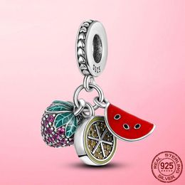 925 Sterling Silver Dangle Charm Colour CZ Pendant Silver Colour Strawberry Lemon Watermelon Fruit Beads Bead Fit Pandora Charms Bracelet DIY Jewellery Accessories