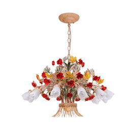 Rural Flower Grass Chandeliers Living Room Restaurant Light Bedroom Rose Lamp American Ceramic Hanging Lamps Modern Home Decor