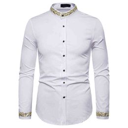 Men's Hipster Embroidery White Shirts Slim Fit Mandarin Collar Men Dress Shirt Wedding Business Casual Camisa Social Masculina L220704