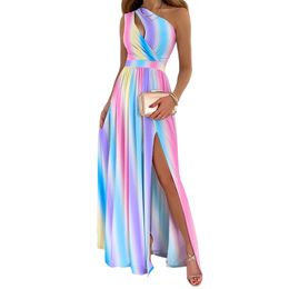 Women Party Dresses Print Sexy One Shoulder Hollow Out Slit Long Dress Elegant Sleeveless High Waist Ruched Maxi Dress