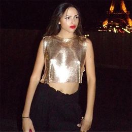 Fashion Metal Sequins Sexy Tank Tops Celebrity Sleeveless O Neck Hollow Out Nightclub Wear Solid Luxury Women Crop Top 220318