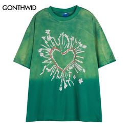 Distressed Punk Oversize Tshirt Streetwear Heart Print Tie Dye Gothic T Shirt Hip Hop Vintage Loose Shirts Summer Casual TShirt 220622
