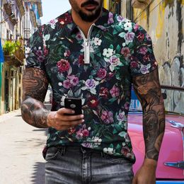 Men's Polos Summer Men's Shirts Flowers Top T-shirt Short Sleeve Neckline Zipper Print Shirt Casual Hip Hop Hawaiian Style 2022Men's Men