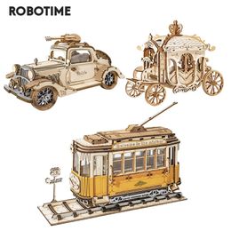 Robotime 3 Kinds DIY 3D Transportation Wooden Model Building Kits Vintage Car Tramcar Carriage Toy Gift for Children Adult 220715