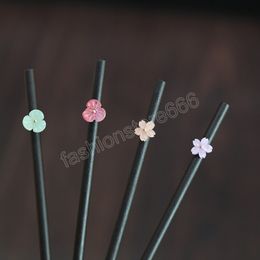 Simple Style Flower Black Wooden Hairpin Classic Chinese Style Hair Sticks Ladies Elegant Vintage Headdress