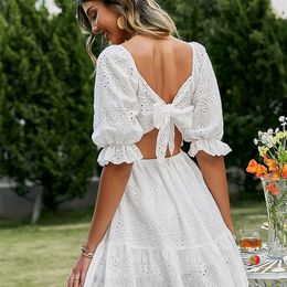 Lace up hollow out knot summer white dress women Holiday casual high waist ruffled mini dresses A line frills vestido 226014