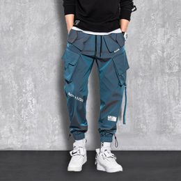 Fashion Streetwear Men Reflective Hip Hop Loose Cargo Pants Male Joggers Ribbon Men Harem Pants MaleTrousers 220816