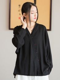 chinese style shirts women UK - Women's T-Shirt Johnature Women Chinese Style Linen T-Shirts V-Neck Seven Sleeve Solid Color 2022 Summer Loose Patchwork Female T-shirtsWome