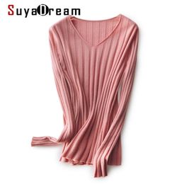 SuyaDream woman Colour Wool sweaters 100%Wool V neck Pullovers Long Sleeve Solid Slim Rib knits Sweaters Fall Winter Top 210203