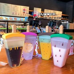 UPS Watermelon Bottles Children's Plastic Water Cup Convenient Strap Outdoor Juice cups Drink ware 4 colors 320ML BES121