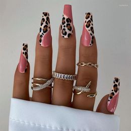 False Nails Pink Leopard Print Wavy Manicure Wearable 24pcs Long Coffin Full Cover Patch Removable Fake Nail Plate Prud22