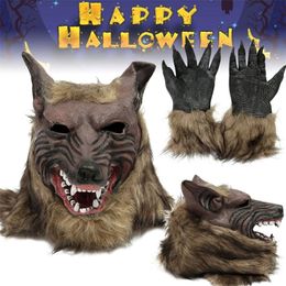Halloween Latex Rubber Wolf Head Hair Mask Werewolf Gloves Costume Party Scary Decor 220611