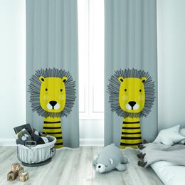 Curtain & Drapes Grey Backdrop Cute Lion Baby Boy Kids Room Special Design Canopy Hook Button Blackout Jealous Window Bedroom