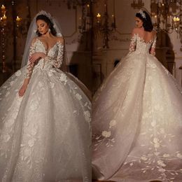 Luxurious Ball Gown Wedding Dresses Sexy V Neck Off Shoulder Strapless Long Sleeves Appliques Beaded Sequins Lace Floor Length Bridal Ruffles Made Wedding Gowns