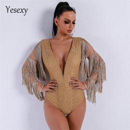 Yesexy 2020 Summer Sexy Deep V Solid Color Tassel Women Bodysuit Long Sleeve Rompers Playsuits VR8917 T200704