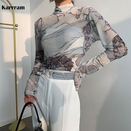 Karrram Turtleneck Mesh Blouse Women Renaissance Print Long Sleeve See Through Top Ladies Sheer Top Clothing Autumn 220516