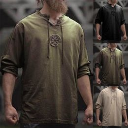 Men Plus Size Ancient Viking Embroidery Lace Up V Neck Long Sleeve Shirt Top For Mens Clothing 220805