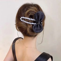 Chiffon Bow Pearl Duckbill Clip Sweet Summer Ponytail Banana Clip Fashion Girl Hair Grab Headdress Hair Accessories