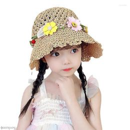 Berets Sweet Children Straw Hat Summer Kids Girl Baby Cute Floral Sun Bucket GorrosBerets Oliv22