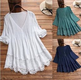 Women's Blouses & Shirts Oversized Lace Patchwork Women Top Summer Casual Loose Button V Neck Daily Streetwear Pullover Swing Half Sleeve Bl