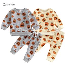 Clothing Sets 0613 Lioraitiin 03Years Baby Boys Girls Halloween Outfits Long Sleeve O Neck Pumpkin Print Tops Grey Drawstring Pants 220826