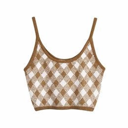 Vintage Stylish Brown Argyle Patterns Camis Tops Women Sexy Fashion Straps Tops Female Chic Camisole 210401