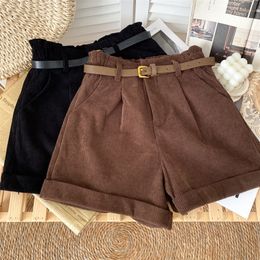 Corduroy Rolled Wide-leg Shorts Women Korean Retro Elastic Waist Loose Casual Short Pants With Belt A line Femme 220427