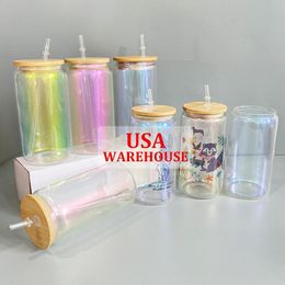 holographic glasses UK - 12oz 16oz Sublimation Iridescent Glass Can Rainbow Glasses Shimmer Beer Glass Tumbler Frosted Drinking with Bamboo Lid and Reusable Straw Holographic Color 0425