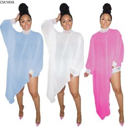 CM.YAYA Women Long Sleeve Lace Patchwork Irregular Blouse Maxi Dress Sexy Club Party Streetwear Long Dress 220516