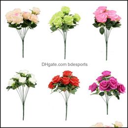 Decorative Flowers Wreaths Festive Party Supplies Home Garden Heads Silk Artificial Rose Bouquet Real Touch Romantic Red Fake Wedding Deco