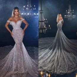 Stylish Mermaid Wedding Dresses 2022 Elegant Women Sequin Bridal Gowns Off the Shoulder Lace Open Back Vintage Robe De Soirée