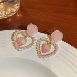 Korean Trendy Pink Resin Flower Dangle Earrings For Women Girls Elegant Pearl Heart Pendientes Jewellery Gifts