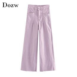 Women High Waisted Wide Leg Jeans Zipper Fly Casual Solid Denim Pants Streetwear Straight Purple Trousers 210515