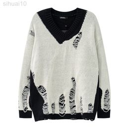 Oversized Men's Sweater Baggy Fashion Ripped Hole Youth Streetwear Casual Male Knitted Pullover Streetwear Unisex L220801