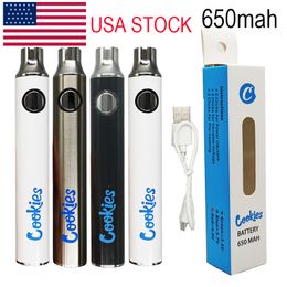 USA Stock Cookies Vape Battery Cookies Cartridges 510 Thread 650mAh Preheat Pen Vaporizer Rechargeable Variable Voltage Adjustable Battery USB Cable Packaging