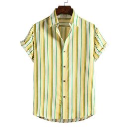 Yellow Striped Hawaiian Shirt Men 2022 Brand Slim Fit Short Sleeve Beach Aloha Shirts Men Summer Vacation Tops Clothing Camisas L220704