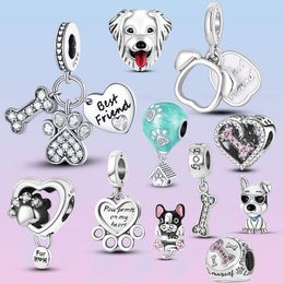 925 Sterling Silver Dangle Charm Dog Paw Charms Best Friend Heart Beads Bead Fit Bracelet Diy Jewelry Accessories