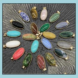 Charms Jewellery Findings Components Rose Quartz Opal Tigers Eye Natural Stone Pendum Oval Pendants For Necklace Ear Dh62B
