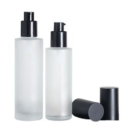 Packing Glass Frosted Bottle Black Collar Lotion Spary Press Pump Matte Black Lid Empty Portable Refillable Cosmetic Container 20ml 40ml 60ml 80ml 100ml 120ml