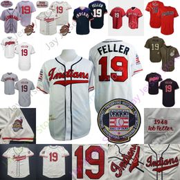 Bob Feller Jersey Vintage 1948 White Coperstown Cream Grey Navy Red Player Pullover Hall Of Fame Patch Salute to Service All Stitched Size