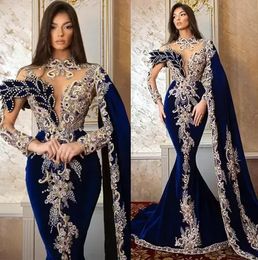 2022 Plus Size Arabic Aso Ebi Navy Blue Luxurious Prom Dresses Lace Beaded Crystals Evening Formal Party Second Receptioon Birthday Engagement Gowns Dress PRO232