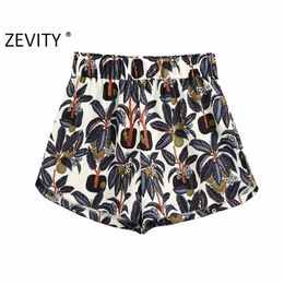 Zevity New women fashion tropical leaves printing casual Bermuda Shorts lady elastic waist chic hot shorts pantalone cortos 210306